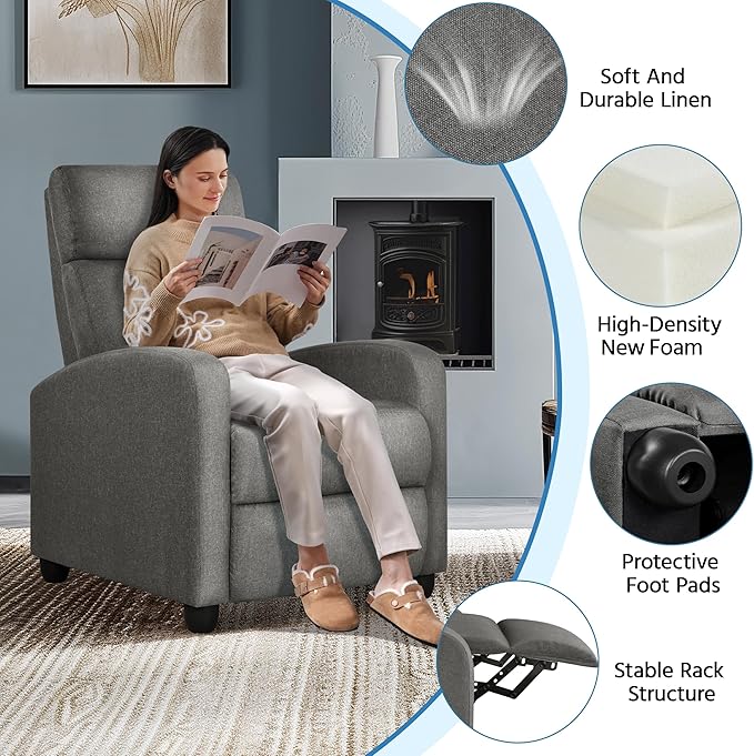 Yaheetech Fabric Recliner Chair Sofa Ergonomic Adjustable Single Sofa with Thicker Seat Cushion Modern Home Theater Seating for Living Room Matte Grey
