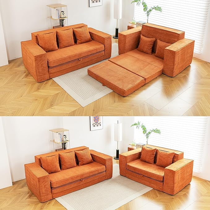 HOMREST Convertible Memory Foam 3-seat Sofa &amp Loveseat Pull Out Sleeper Sofa Bed 2 in 1 Folding Couch Bed Fold Out Floor Couch Corduroy Fabric with Pillows for Living Room Bedroom Lounge(Brown)