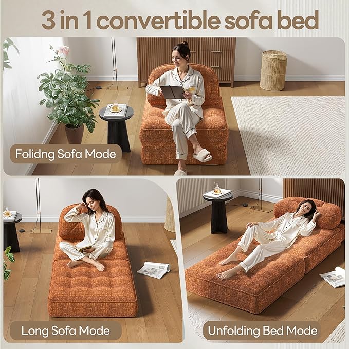 Dowinx Folding Sofa Bed with Pillow Convertible Comfy Couch Bed for Adults Home Lounge and Gaming Modern Comfortable Design for Apartment Living Room Bedroom Single Smooth Velvet Amber Brown