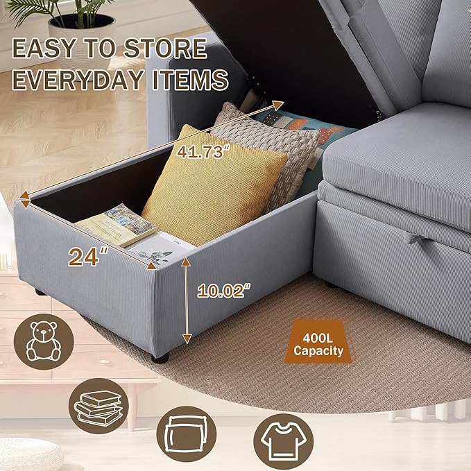 Convertible Sofa Bed L-Shape Sectional Sleeper Sofa with Storage Chaise Modern Polyester 3 in 1 Pull Out Couch Bed for Living Room Light Grey