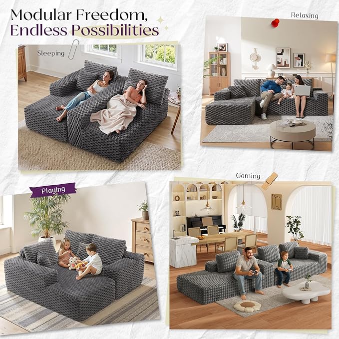 VanAcc 106’’ Oversized Modular Sectional Sofa Deep Seat Cloud Couch with Corduroy Upholstery L Shaped Boneless Sofas Easy No-Assembly Lounge Couches for Living Room Grey