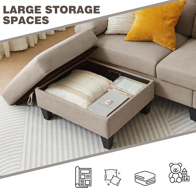 84 Convertible Sectional Sofa Modern Linen Fabric Small L Shaped Couch with Reversible Chaise 3-Seat Sofa Couches for Living Room Apartment and Small SpaceBeige