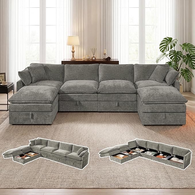 Modular Sofa with Storage 135 U Shape Sectional Cloud Couch Comfy Fabric Couch with Movable Ottoman 6 Seat Modern Deep Seat Sofa for Living Room (Grey Chenille)