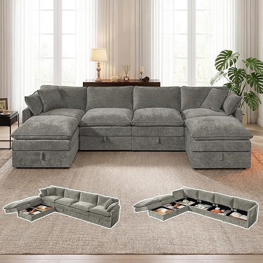Modular Sofa with Storage 135 U Shape Sectional Cloud Couch Comfy Fabric Couch with Movable Ottoman 6 Seat Modern Deep Seat Sofa for Living Room (Grey Chenille)