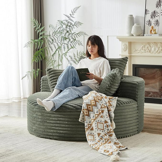 55''W Oversized Round Chair with PillowsComfy Corduroy Single ChairOversized Accent Chair with Deep Seat Modern Large Reading Chairs for Living Room &amp Bedroom (Green)