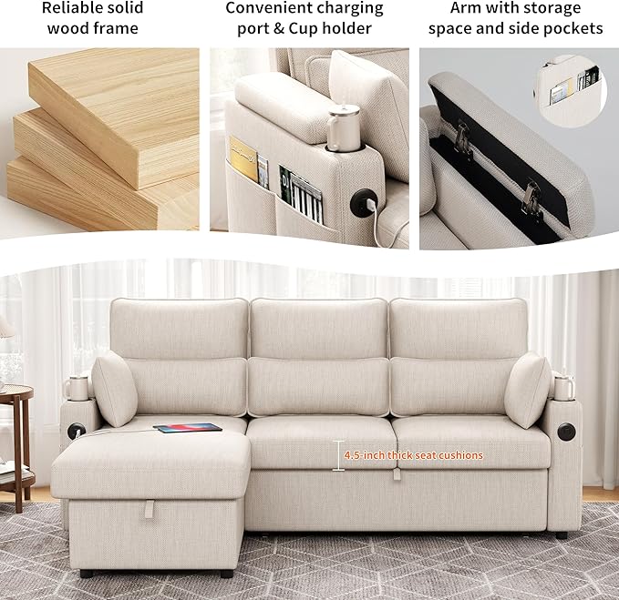 Sectional Sleeper Sofa with Pull Out Couch Bed with Storage Chaise for Living Room Comfy Linen Modular Sectional Sofa with Dual USB &amp Type-C Cup Holders (Beige 81 Inches)