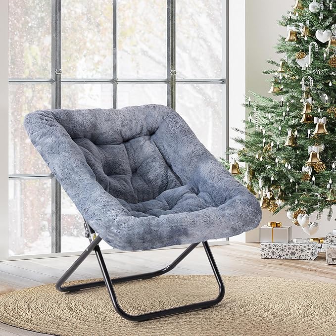 Foldable Saucer Chair with Soft Faux Fur Multi-Scene Lounge Chair for Living Room Bedroom Reading Chair for Adults &amp KidsMoon Chair (Gray)