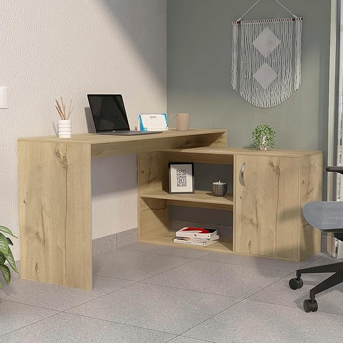 Light Oak L-Shaped Office Desk with 1 Drawer &amp 2 Shelves - Home Office Workstation