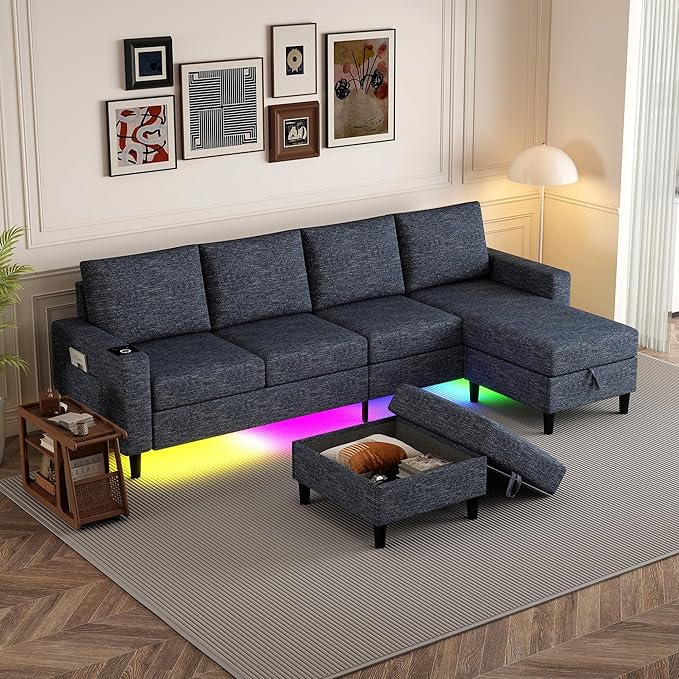 Sectional Couches for Living Room 4 Seat Sectional Sofa with Smart Module-Wireless Charging/USB/Type-C/RGB Light U Shaped Couch with Reversible Chaise Lounge/Storage Ottoman (Blue)