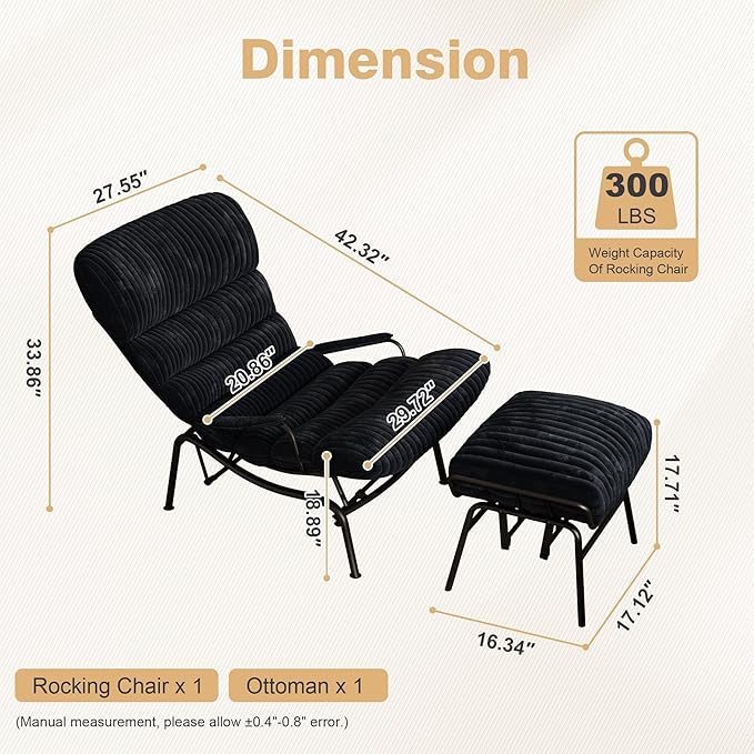 ovios Rocking Chair with Ottoman Glider Recliner with Footrest Lazy Accent Armchair with Comfy Cushion for Living Room Bedroom Office Cloud Plush Corduroy Black