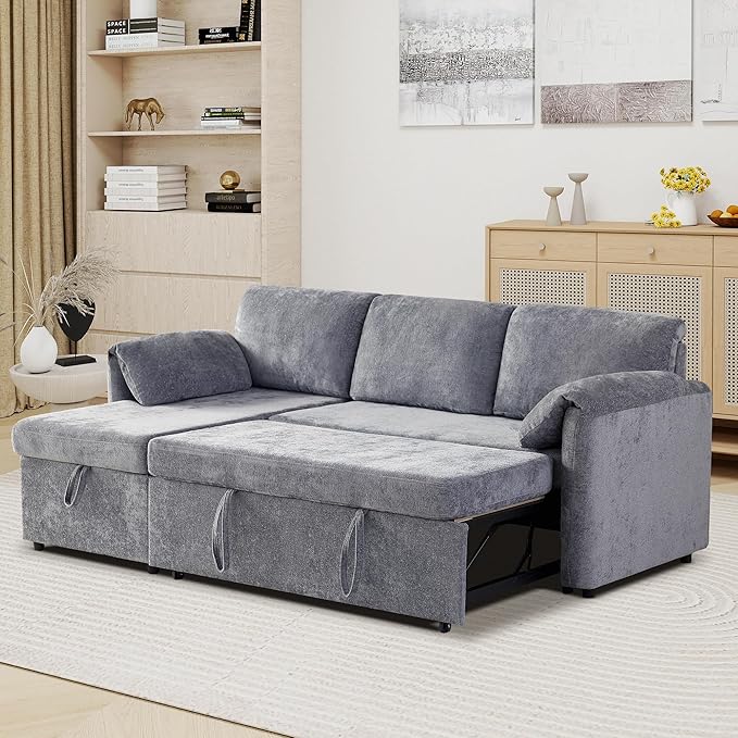 Tbfit Sleeper Sofa Couch with Pullout Bed Sofa Bed Couch with USB &amp Storage Chaise Chenille Convertible Sleeper Sofa 83'' Pull Out Sofas Couches for Small Space Apartment Light Gray