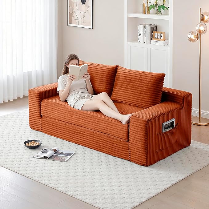 73 Convertible Sofa Bed 2 in 1 Corduroy Folding Couch with Pillows No Assembly Boneless Compression Sofa in Box Loveseat with Side Storage Pocket for Apartment Living Room Orange