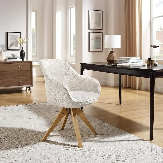 Art Leon Swivel Accent Chair - Mid Century Modern Desk Chair No Wheels Boucle Fabric Upholstered Armchair with Natural Oak Wood Lges White