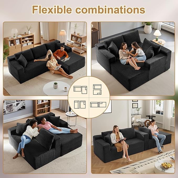108’’Cloud Couch Sectional with L-Shape Chaise Modern Modular Sectional Sofa Boneless Couch with Deep Seat Modern Upholstered Couches for Living Room (Black 108''W Right Facing Chaise)