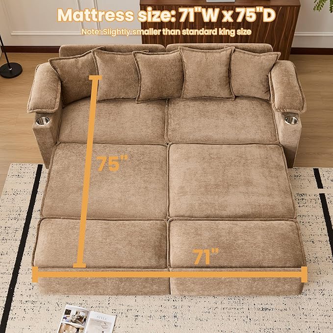 SUNWAVE 83 King Size Pull Out Sofa Bed 4-in-1 Convertible Sleeper Sofa Bed with USB Ports Cup Holders Side Pockets Corduroy Oversized Loveseat Chaise Lounge for Living Room Small Space