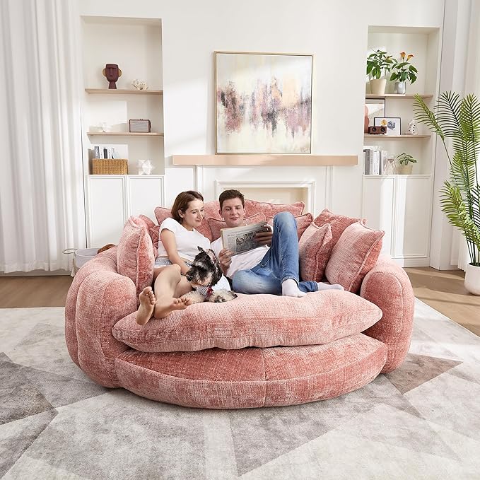 81 Round Sofa Bed Big Bean Bag Round Chaise Lounge Oversized Round Couch Boneless Reading Chair Plush Fluffy Chenille Large Chaise Chair for Living Room Bedroom Apartment Pink
