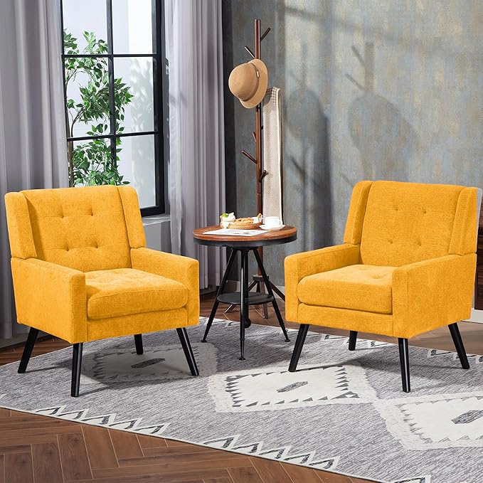 Mid-Century Modern Accent Chair Set of 2 Plush Linen Fabric with Button Tufted High Back &amp 5 Thick Cushion High Comfort Reading Chair for Living Room Bedroom Office (Yellow)