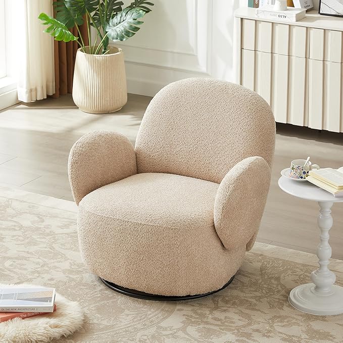 GDFStudio Modern Accent Swivel ChairUpholstered Lounge Chair with 360° Rotation Compact Design Eucalyptus and Steel Frame Fiber Foam Cushion Arm &amp Back KD Assembly for Living RoomBeige
