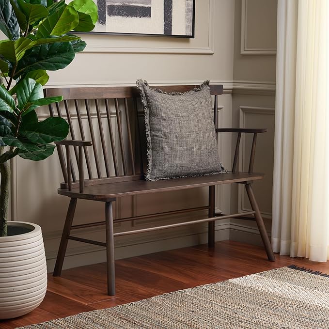 SAFAVIEH Home Collection Addison Farmhouse Dark Walnut Solid Wood Windsor Spindle Loveseat Bench