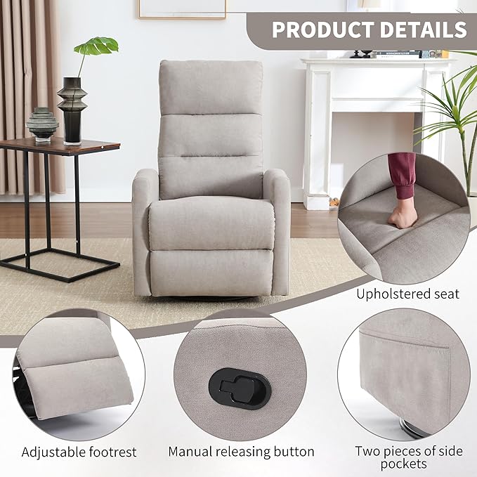360° Swivel Rocking Chair for Nursery Manual Glider Chair Nursing Chair with Side Pockets Polyester Glider for Living Room Heavy Duty Motion Mechanism Light Gray