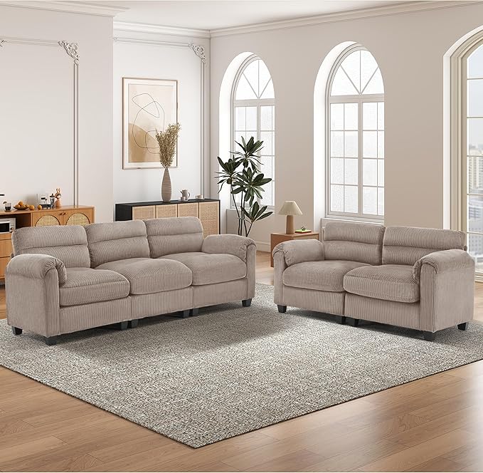 Corduroy Sofa SetUpholstered Loveseat and 3-Seater Couch with Plush Cushions and Rolled Arms Modern Living Room Furniture SetsBrown