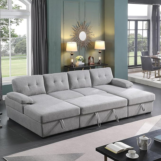 BEEY Sofa Bed 118 Oversized Sleeper Sectional Sofa with Storage Chaise U Shaped Sectional Couch with Pull Out Bed 6 Seater Pull Out Couch Bed for Living Room Bedroom (Light Grey_4 Seater)
