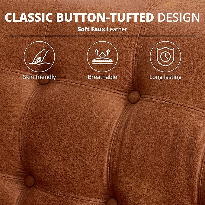 85'' W Faux Leather Sofa with Button Tufted 3 Seater Sofa with Metal Legs and Deep Seats Mid Century Modern Leather Couch for Living Room Bedroom Apartment Camel