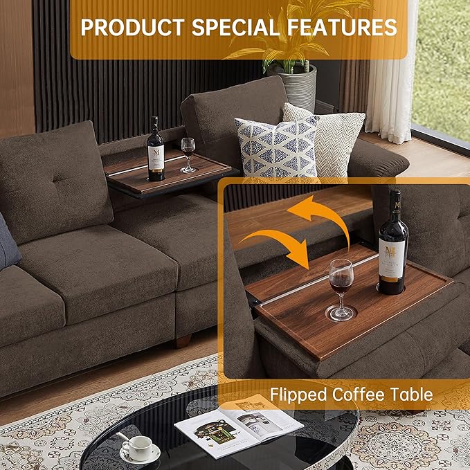Convertible Sectional Sofa with Storage 4 Seat L Shaped Couch with Chaise and Cup Holder Modern Microfiber Fabric Sofas Couches for Living Room Dark Coffee