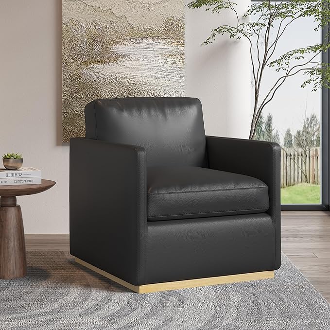 Swivel Barrel Chair Premium Comfy Round Accent Chair for Living Room Mid Century Modern Reading Chair for Adults Armchair for Small Spaces Bedroom Side Chairs for Home/Office/Leather Black