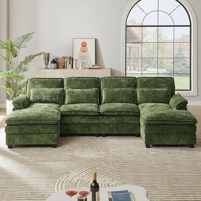 113 U Shaped Sectional Sofa Comfy Cloud Couch Chenille Sofa Sleeper Deep Seat Sofa with 4 Throw Pillows 4-Seater Double-Layer Modern Sofa for Living Room Green