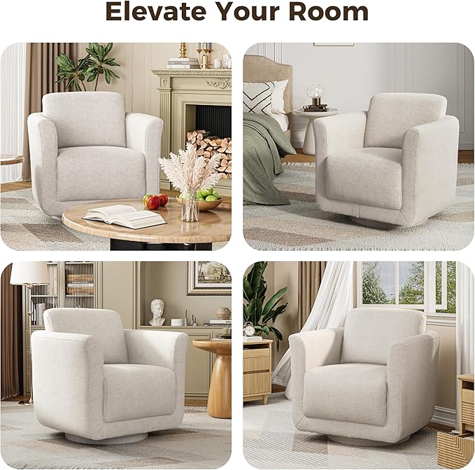 Swivel Accent Chair 360° Upholstered Swivel Chair 350 lbs Capacity Kiln Dried Solid Wood Frame Lumbar CushionFSC Certified Upholstered Chair for Living Room BedroomBeige