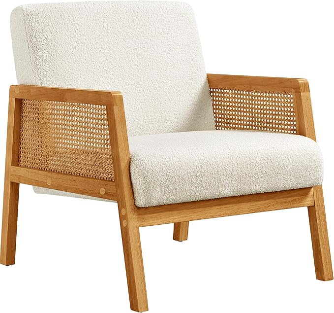 Yaheetech Boucle Fabric Accent Chair Vintage Rattan Vanity Chair with Wood Armrest and Legs for Living Room Bedroom Makeup Room Ivory 1