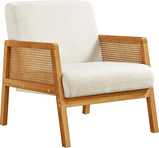 Yaheetech Boucle Fabric Accent Chair Vintage Rattan Vanity Chair with Wood Armrest and Legs for Living Room Bedroom Makeup Room Ivory 1