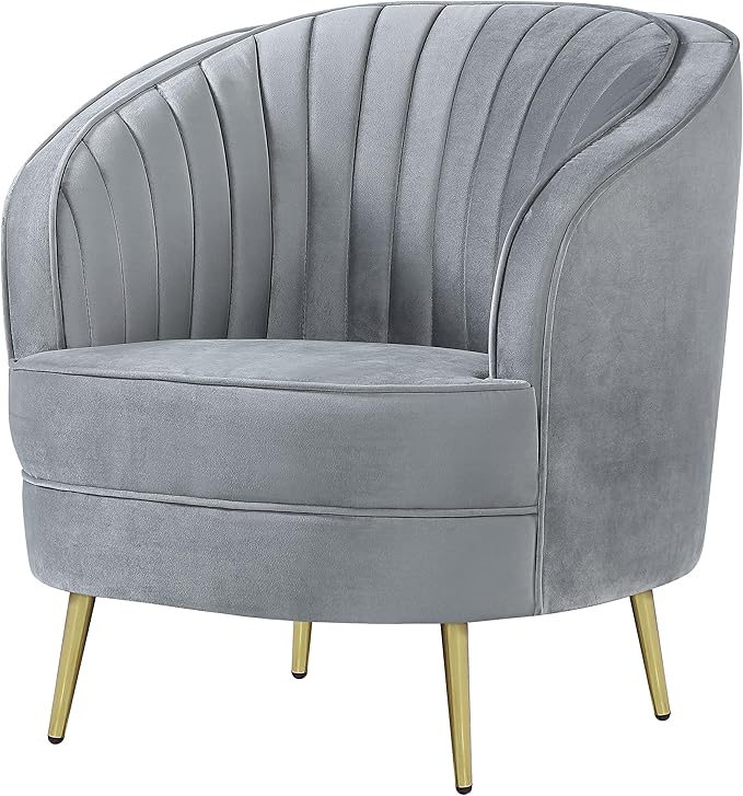 Coaster Home Furnishings - Sophia - Channel Tufted Barrel Accent Chair with Gray Velvet Upholstery Foam Cushion Gold Legs and Vertical Channel Tufting - Living Room - Gray - 506866