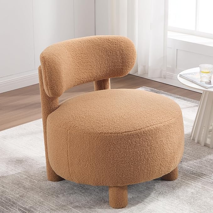 Modern Armless Accent Chair Comfortable Upholstered Living Room Chair with Curved Backrest and Solid Wooden Legs Bedroom Reading Chair Entrance Dressing Table Apartmen (Khaki + Teddy)