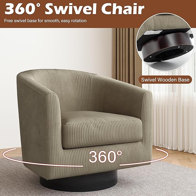 Lumibee Swivel Accent Barrel Chairs Upholstered Comfy Swivel Round Barrel Chair 360° Rotation Single Sofa Club Armchair for Living Room Reading Room Bedroom Corduroy Camel