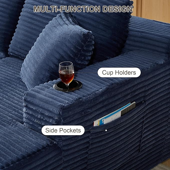 133.5 Blue Oversized U Shaped Cloud Couch Large Boneless Deep Seat Modular Sectional Sofa with Cup Holders &amp Side Pockets Modern Corduroy Foam Compressed Sofa Set for Living Room Apartment