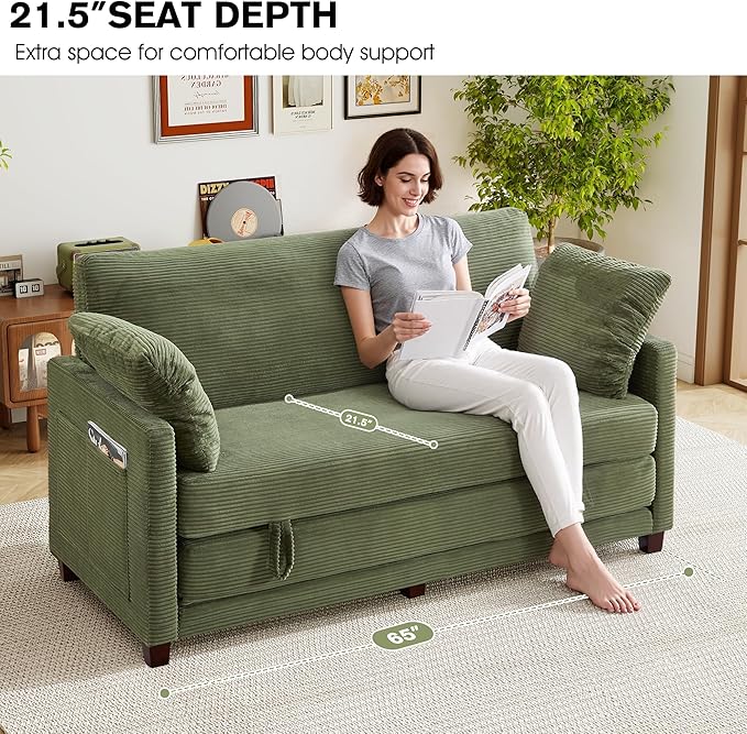 65 Loveseat Sleeper Sofa Bed Corduroy Convertible Sofa Bed for Small Spaces Folding Couch Bed with Deep Seat 2 Pillows &amp Solid Frame Pull Out Floor Couches for Living Room Green