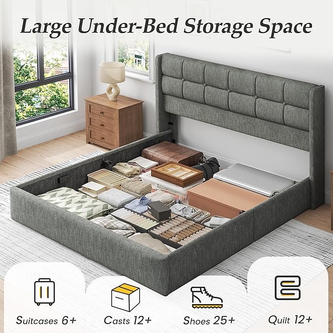 Lifezone Queen Size Lift Up Storage Bed Frame Linen Upholstered Queen Platform with Button Tufted Wingback Headboard and Under-Bed Storage Hydraulic Support No Box Spring Needed Noise Free Grey