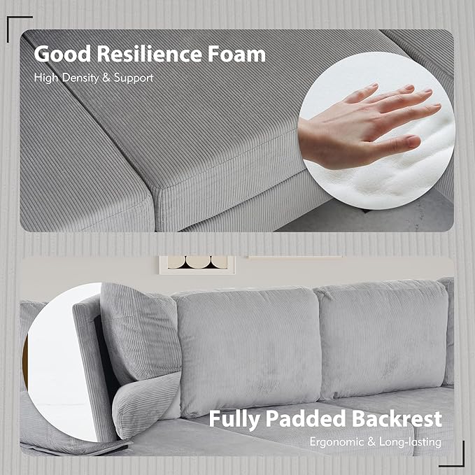 Bezseller 107.3 Sectional Couches for Living Room U Shaped Modular Sofa Couch with Cushion &amp Corduroy Fabric 4-Seat Comfy Furniture Sets with Double Chaise for Apartment Reception Room Grey