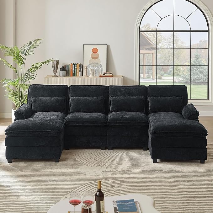 112 Modular Sectional Sofa U Shaped Comfy Cloud Couch with Double Chaise and Padded Armrests Modern Deep Seat Sectional Couches for Living Room Apartment Office Black