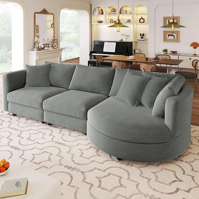 kevinplus 105.5'' Sectional Sofa Couch for Living Room Modern Contemporary 3-Seat Upholstered Sectional Couch Sofa with Curved Seat for Apartment Home Office Chenille Fabric Gray