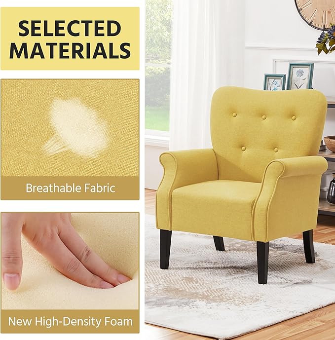 Yaheetech Modern Armchair Mid Century Accent Sofa Chair with Sturdy Wood Legs and High Back Upholstered Fabric Sofa Club Chair for Living Room/Bedroom/Office Yellow