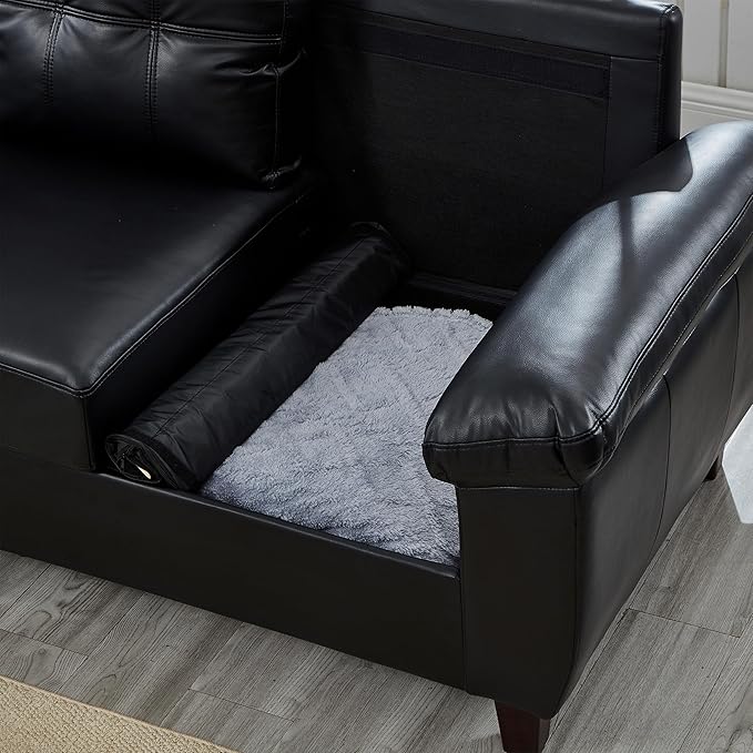 Polibi 59 Modern Loveseat Sofa with Hidden Storage - Faux PU Leather Pocket Spring &amp High-Density Foam Cushion Wide Padded Armrests Solid Wood FrameBlack