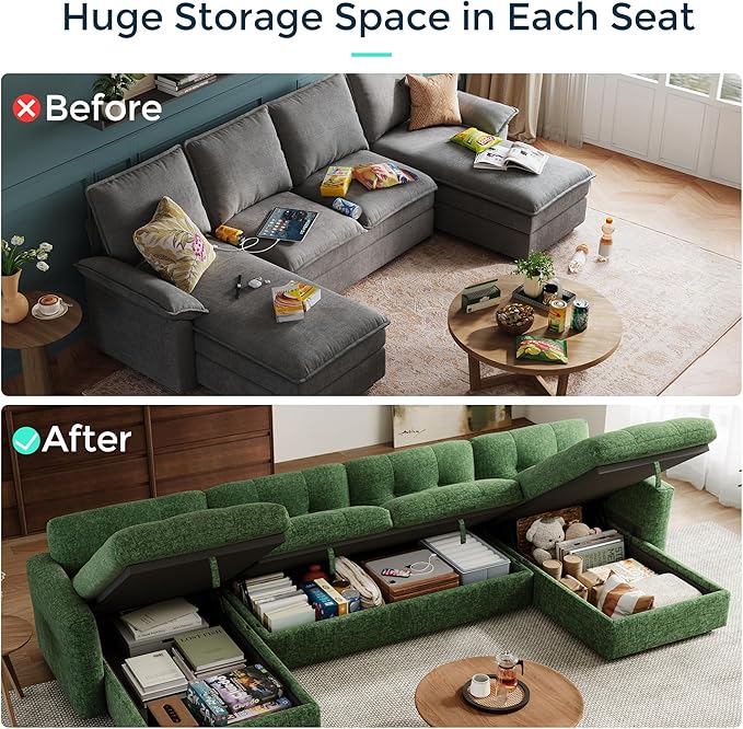 84 Oversized Sectional Chaise with Storage Large Chaise Lounge with Adjustable Armrest Chenille Cloud Couches for Living Room Apartment Home Theater Green