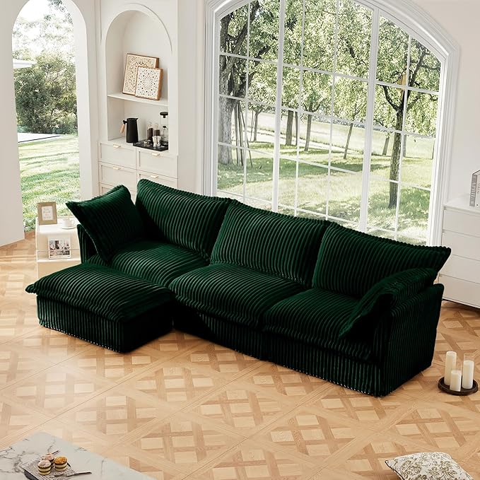Aoowow Oversized Modular Sectional Sofa120” L-Shaped Comfy 3-Seat Sofa Couch with Movable Ottoman Upholstered Deep Seat Couches with Big Toss Pillows for Living Room Apartment OfficeGreen-Corduroy