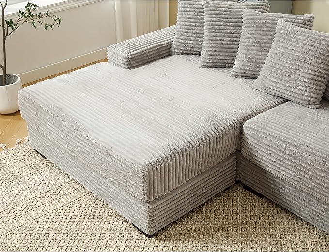 111 Inch Corduroy Sectional Couches for Living Room | L-Shaped Sectional Couch with 8 Pillows | Cloud Couch with Deep Seat | Solid Wood Frame Sofa Light Grey (Left Facing Chaise)