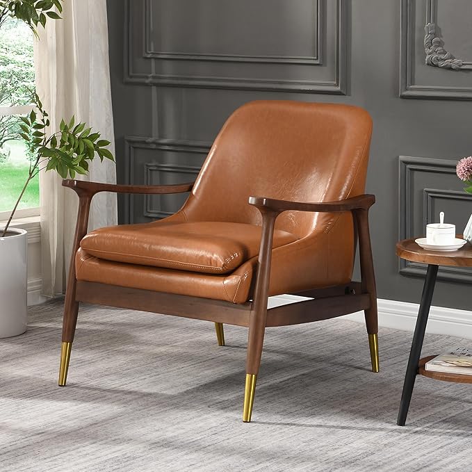 29.2 Mid-Century Modern Faux Leather Accent Chair with Padded Seat Solid Wood Frame &amp Brass Leg Caps - Perfect for Living Room Bedroom or Office Lounge (Brown)