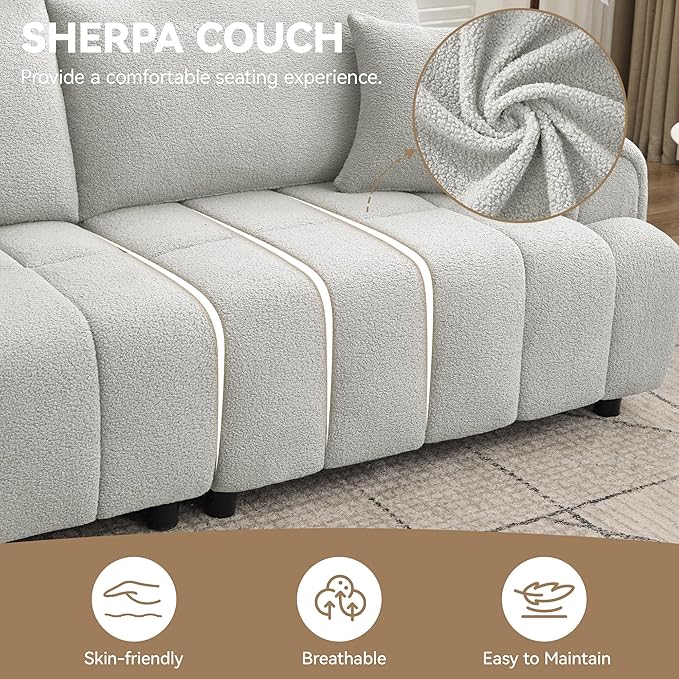 88 Modern Boucle Sofa Couch Oversized Comfy 3 Seater Sherpa Curved Sofas Deep Seat Upholstered Loveseat Teddy Round Arm Couches for Living Room Bedroom Light Grey