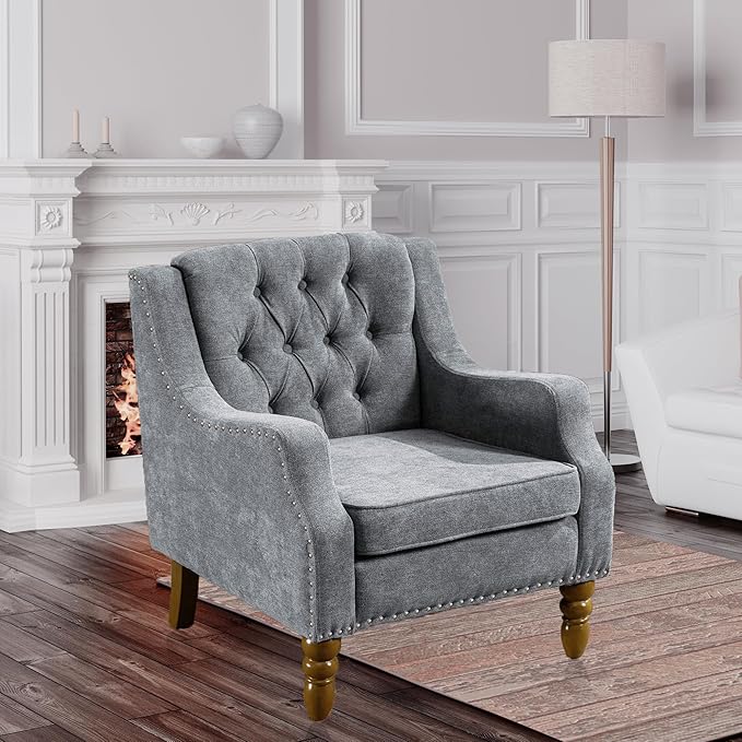 Linen Accent ChairsUpholstered Button Tufted Living Room ChairMid Century Armchair Sofa ChairsComfy Reading Chair for BedroomLiving RoomStudy (Grey 1)